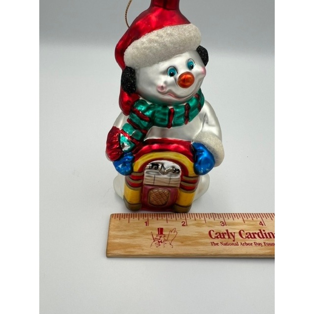 Vintage Snowman Retro Jukebox Glass Christmas Ornament Santa Hat 5.25in 1990's - Picture 9 of 12